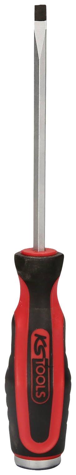 Schraubendreher mit rotem und schwarzem Griff, geeignet für Flachkopfschrauben.