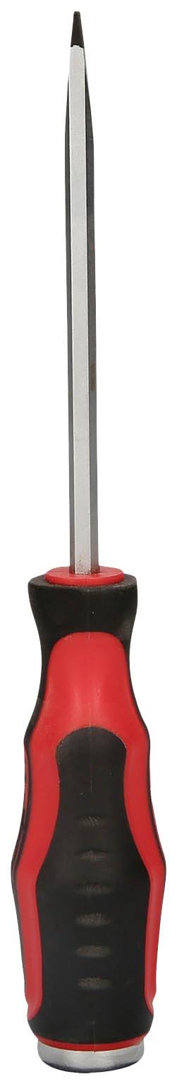 Kreuzschlitz-Schraubendreher mit rotem und schwarzem Griff, vertikal abgebildet.