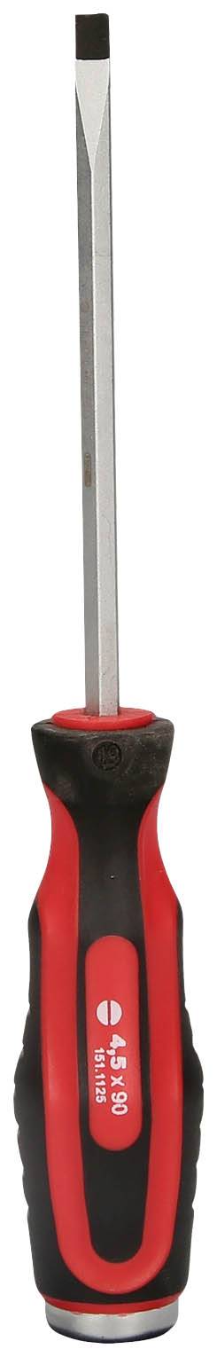 Ein roter und schwarzer Schraubendreher mit flacher Spitze und ergonomischem Griff.