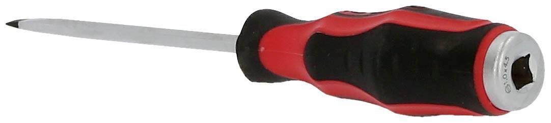 Schraubendreher mit rotem und schwarzem Griff, flachem Kopf. Ideal zum Anziehen oder Lösen von Schrauben.