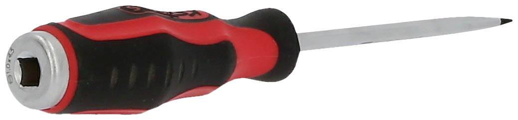 Ein rot-schwarzer Schraubenzieher mit ergonomischem Griff und flacher Klinge liegt auf einer weißen Fläche.