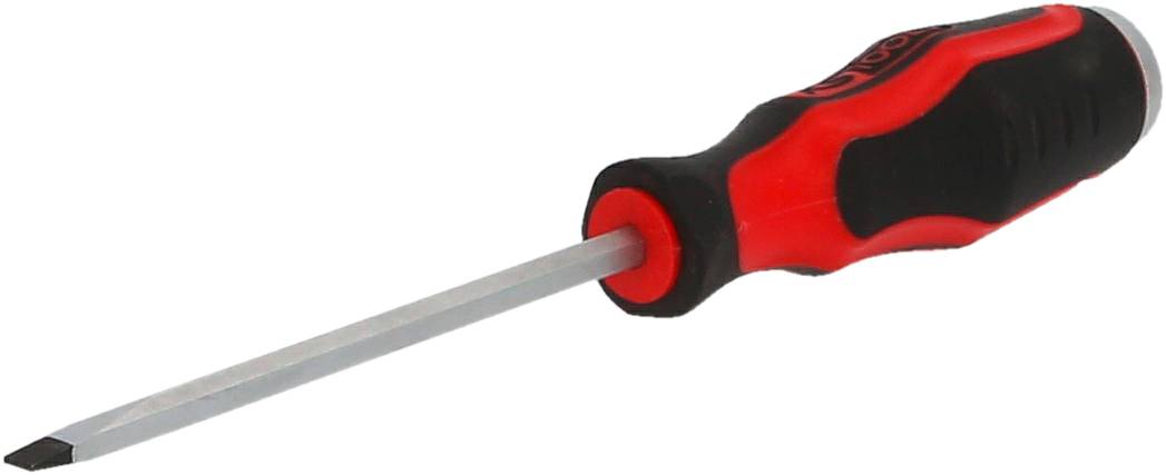 Ein Schraubendreher mit rotem und schwarzem Griff, liegend, zeigt die Spitze nach links.