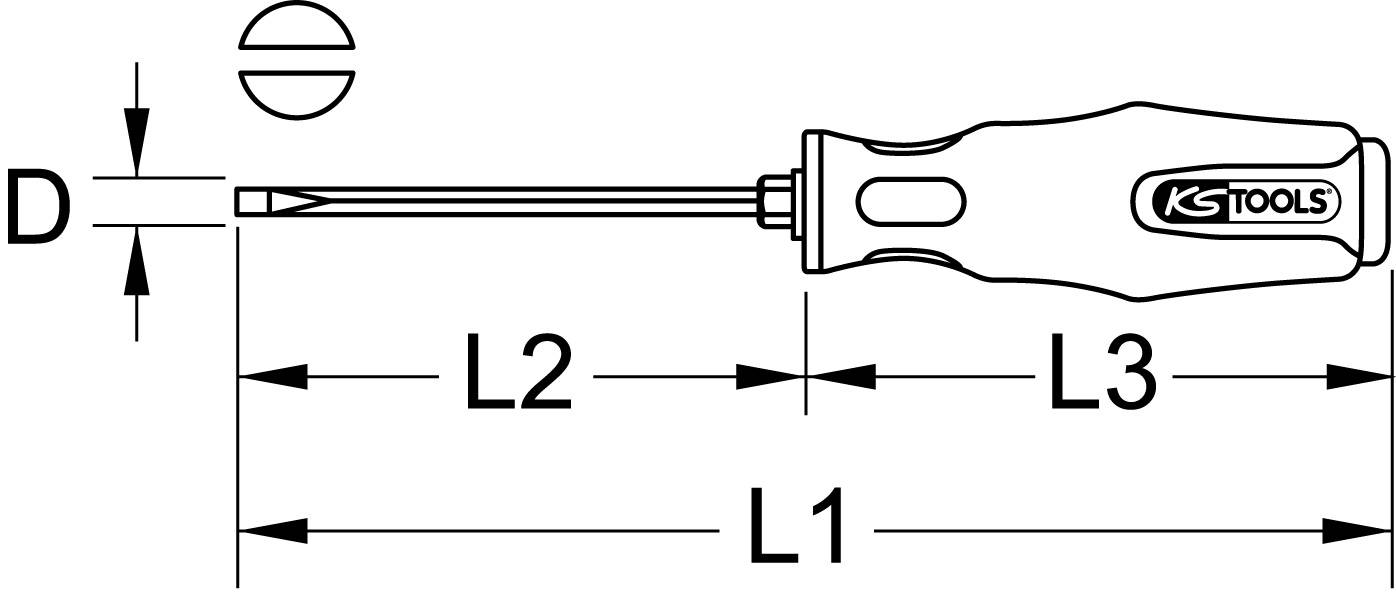 'KS Tools' Schraubenzieher schematische Zeichnung mit Abmessungen: Durchmesser D der Klinge; L1, L2, L3 Gesamtlängen des Werkzeugs.