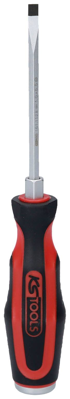 Ein rot-schwarzer Schraubendreher mit sechseckigem Schaft und ergonomischem Griff.