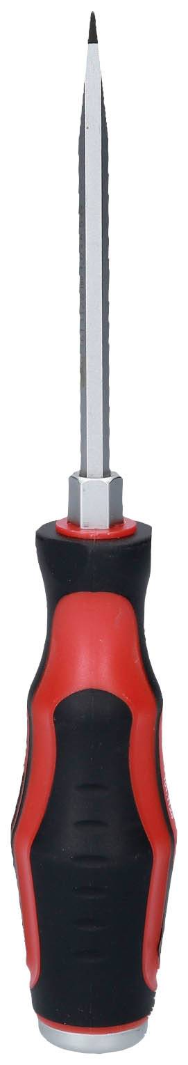Ein Schraubendreher mit einem schwarzen Griff und roten Akzenten. Die Spitze ist schmal und aus Metall.
