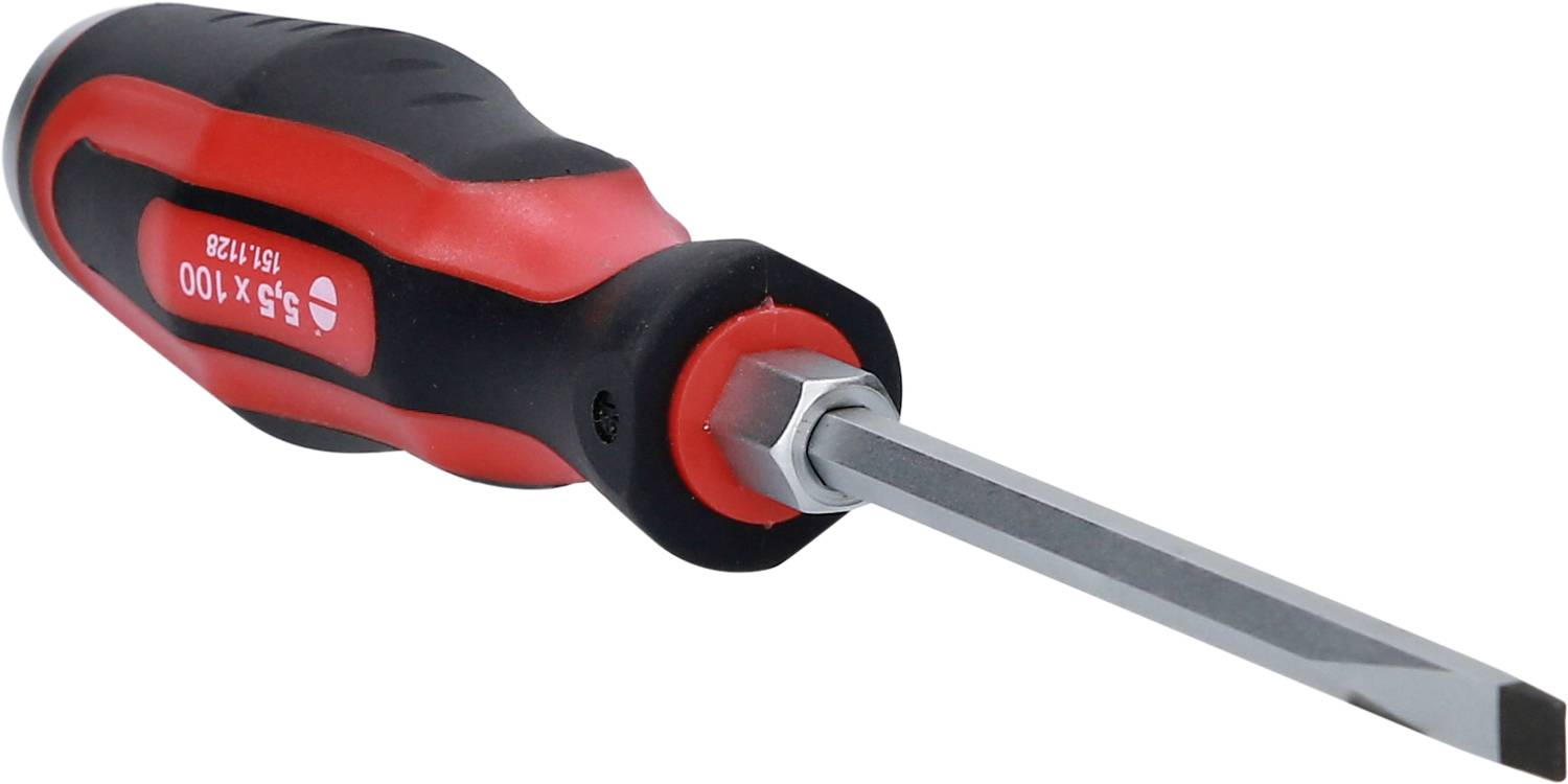 Flachkopfschraubendreher mit rotem und schwarzem Griff, geeignet für allgemeine Schraubarbeiten.