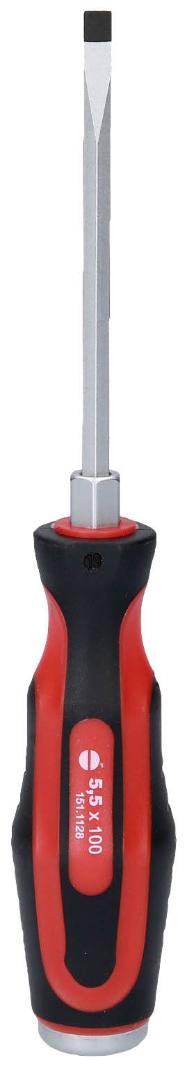 Ein Schraubendreher mit schwarzem und rotem Griff, flache Spitze, geeignet für Standard-Schrauben.