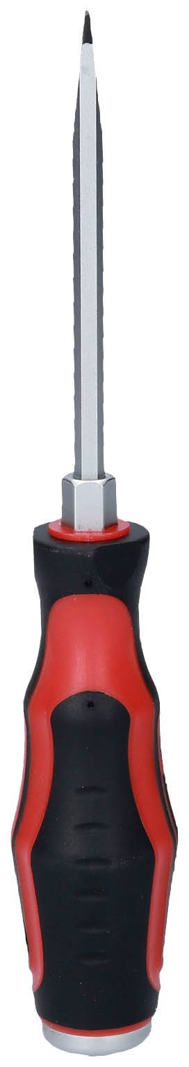 Ein Schraubendreher mit rotem und schwarzem Griff, gezielt senkrecht nach oben, auf weißem Hintergrund.