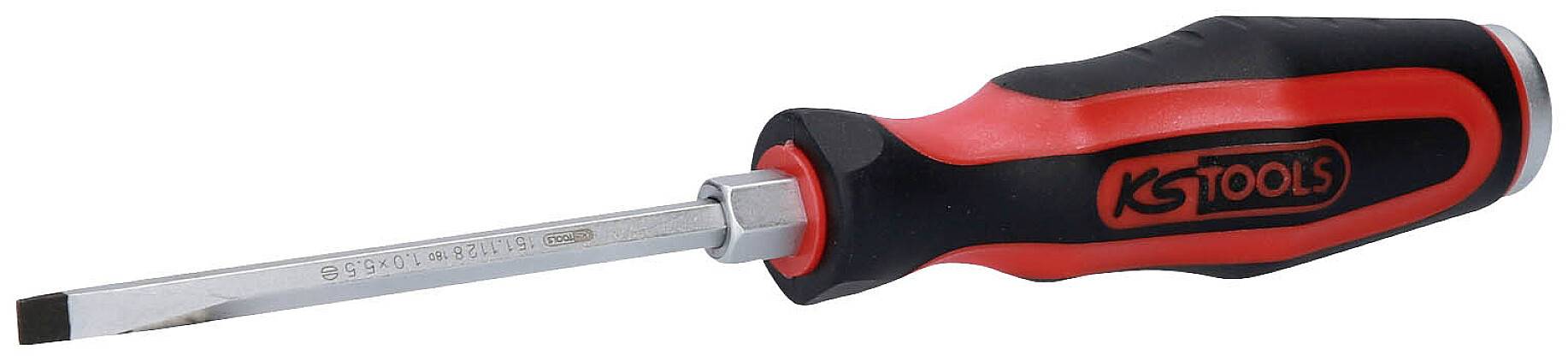 Ein Schraubendreher mit schwarzem und rotem Griff und flacher Klinge, geeignet für Arbeiten mit Schlitzschrauben.