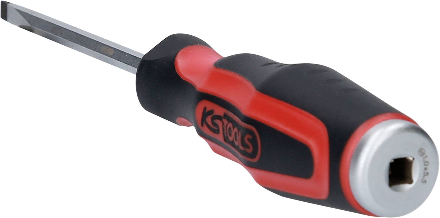 Kreuzschlitz-Schraubendreher mit schwarzem und rotem Griff, liegend, Herstellername sichtbar, geeignet zum Festziehen von Schrauben.