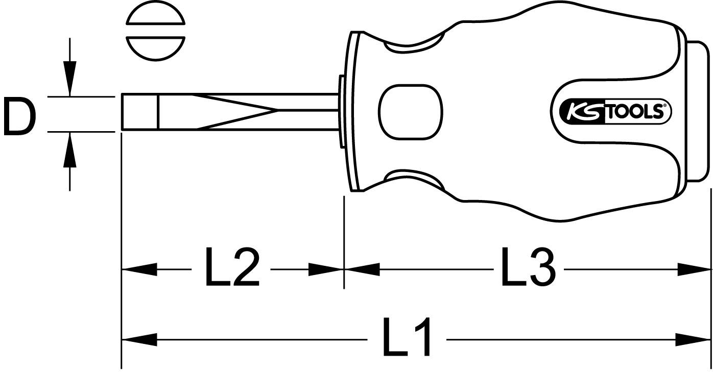 Schraubendreher-Diagramm mit Markierungen: Gesamtlänge (L1), Schaftlänge (L2), Griff (L3) und Durchmesser (D).