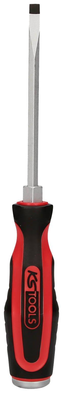 Ein rot-schwarzer Schraubendreher mit Flachklinge und Griff für handwerkliche Tätigkeiten.