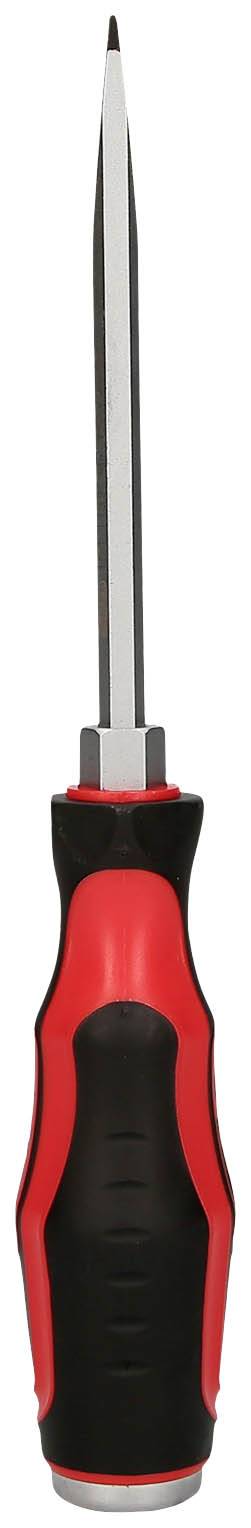 Ein roter und schwarzer Schraubendreher mit einem langen, schmalen Metallkopf und einem ergonomischen Griff. Geeignet für präzise Arbeiten.