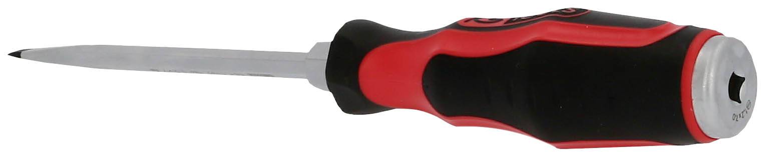 Schraubendreher mit rotem und schwarzem Griff, geeignet für Schlitzschrauben.