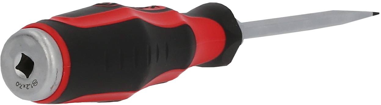 Ein rot-schwarzer Schraubenzieher mit ergonomischem Griff liegt schräg auf einer Fläche, die Spitze zeigt nach rechts.