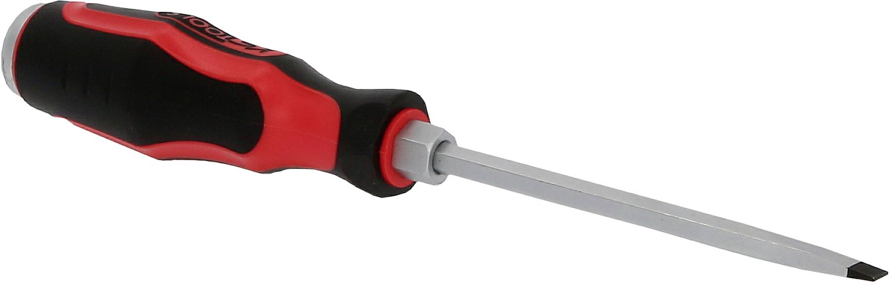 Flacher Schraubendreher mit rotem und schwarzem Griff, liegend, Spitze zeigt nach rechts. Verwendet zum Drehen von Schrauben.