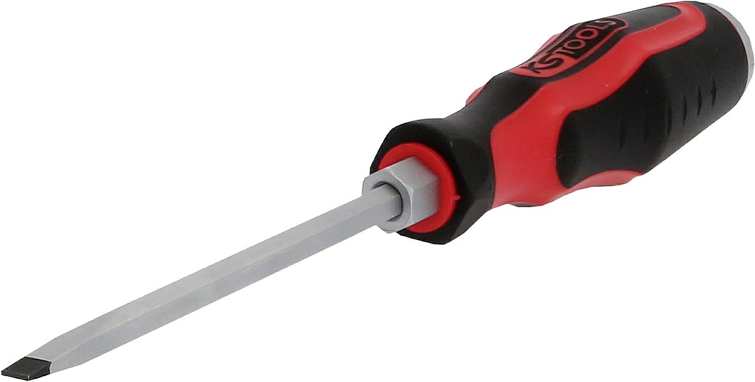 Schraubendreher mit rotem und schwarzem Griff, flache Klinge. Geeignet für das Lösen oder Festziehen von Schrauben mit Schlitzkopf.