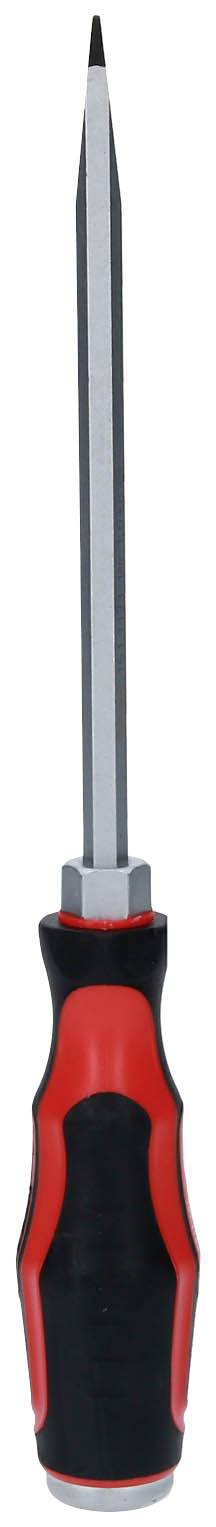 Ein langer, schwarzer Schraubendreher mit rotem und schwarzem Griff.