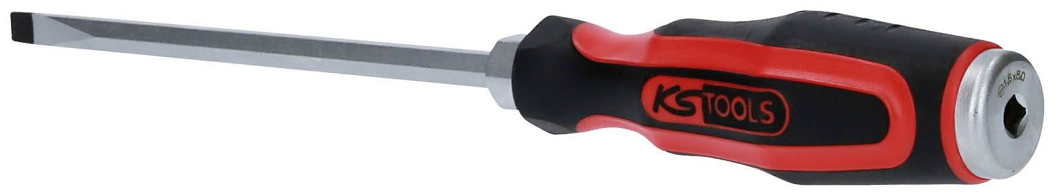 Ein Flachkopfschraubendreher mit einem schwarzen und roten Griff. Das Ende des Schraubendrehers zeigt eine leicht glänzende Metallklinge.