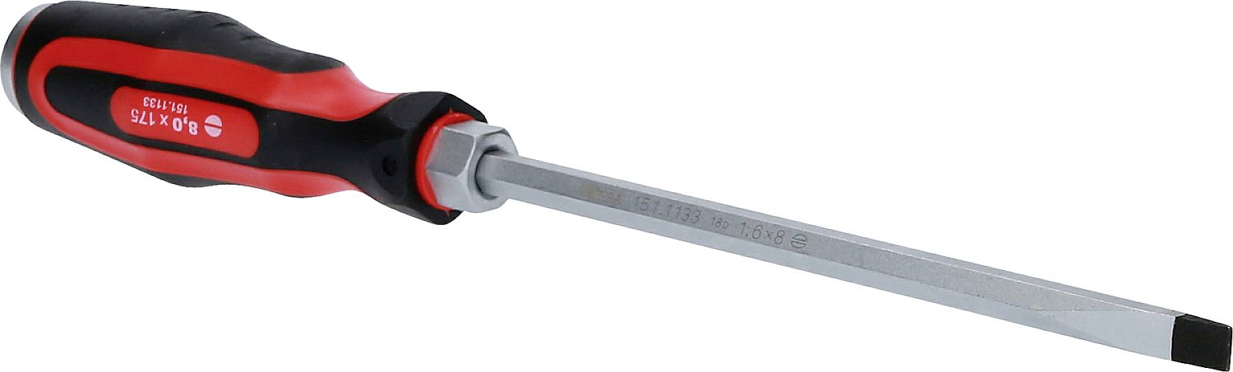 Schraubendreher mit schwarzem und rotem Griff sowie flacher Klinge. Markenname und Modellnummer sind auf dem Griff erkennbar.