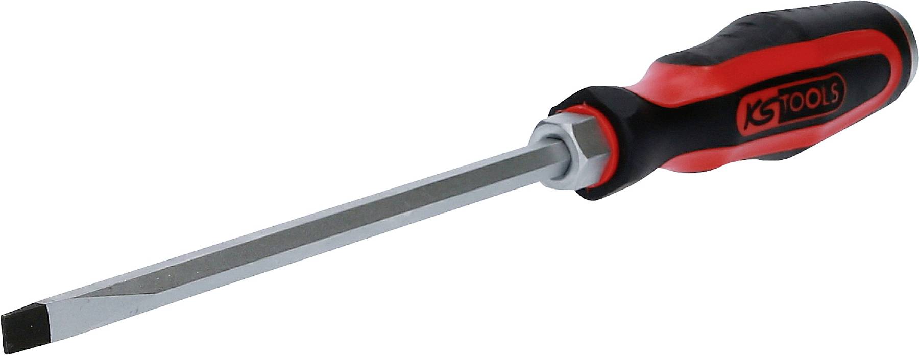 Ein Flachkopfschraubendreher mit rotem und schwarzem Griff, geeignet für handwerkliche Arbeiten und Reparaturen.