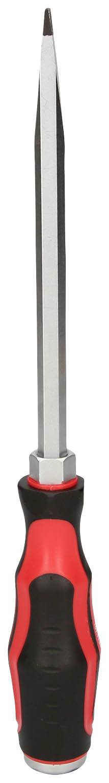 Ein Schraubendreher mit schwarzem Griff und roten Akzenten, geeignet für den Einsatz in handwerklichen oder technischen Arbeiten.