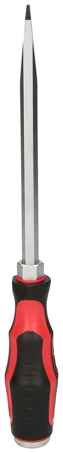 Ein Schlitzschraubendreher mit rotem und schwarzem Griff, symmetrisch und isoliert auf weißem Hintergrund gezeigt.