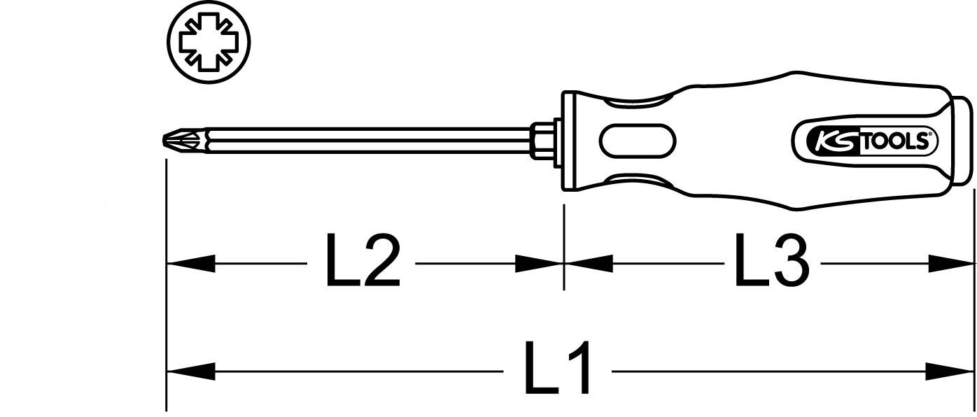 Diagramm eines Schraubendrehers mit Abmessungen. Zeigt L1, L2, L3 an, mit einem PZ-Profil. Markierung 'KS TOOLS' auf dem Griff.