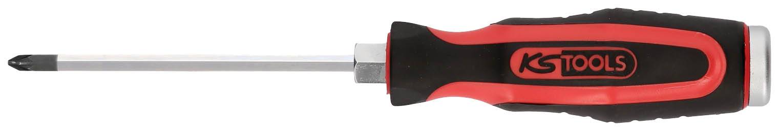 Ein Kreuzschlitzschraubendreher mit schwarzem und rotem Griff, gekennzeichnet mit 'KS TOOLS'.