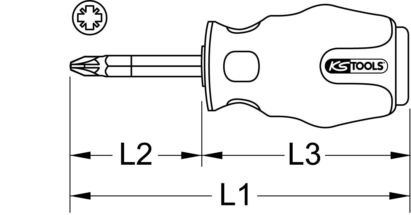 Diagramm eines Schraubendrehers mit den Beschriftungen L1, L2 und L3, die die Längen verschiedener Teile des Werkzeugs anzeigen.