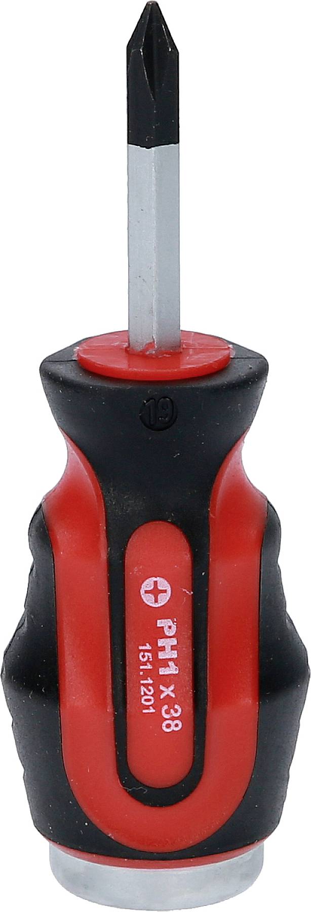 Schraubendreher mit rotem und schwarzem Griff, PH1 Kreuzschlitz, aufrecht stehend.