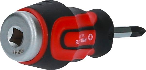 Ein rot-schwarz-grauer Schraubendreher mit ergonomischem Griff und Kreuzschlitzspitze liegt auf der Seite.