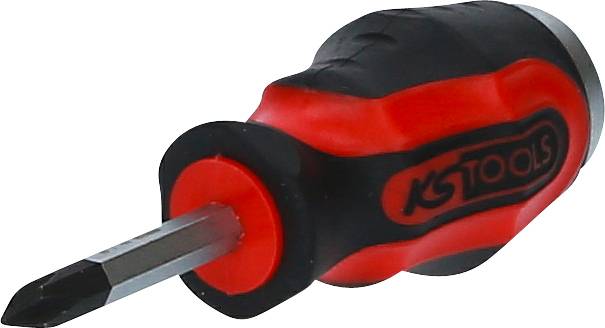 Ein rot-schwarzer Schraubendreher mit ergonomischem Griff und Kreuzschlitzspitze, liegend.