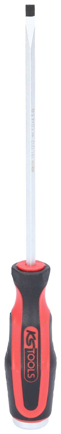 Ein rot-schwarzer Schraubendreher mit flachem Kopf, geeignet für verschiedene Schraubarbeiten.