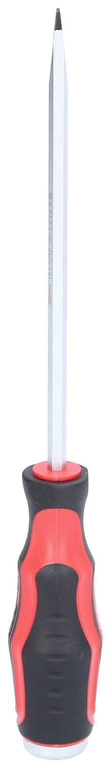 Schraubenzieher mit schwarzem Griff und roten Akzenten, lange Metallklinge mit flacher Spitze.