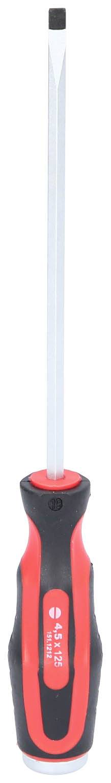 Ein roter und schwarzer Schraubendreher mit einem flachen Kopf und langem Griff, geeignet für Schlitzschrauben.