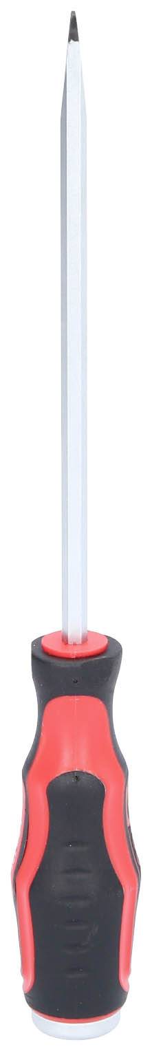 Schraubendreher mit schwarzem Griff und roten Akzenten, Spitze zeigt nach oben. Geeignet für Arbeiten an Präzisionsgeräten.