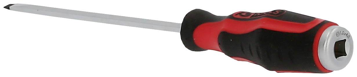 Ein rot-schwarzer Schraubendreher mit flachem Kopf liegt auf der Seite.