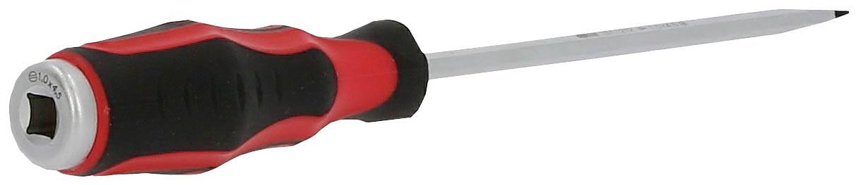 Schraubendreher mit rotem und schwarzem Griff, flachem Kopf, auf weißem Hintergrund. Entwickelt für das Anziehen und Lösen von Schrauben.