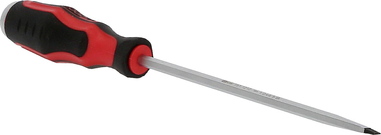 Ein Schraubendreher mit einem rot-schwarzen Griff und einer schlanken, metallischen Klinge.