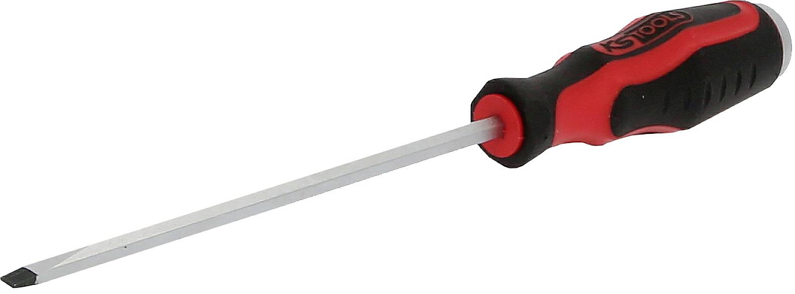 Schraubenzieher mit rotem und schwarzem Griff, flache Spitze, auf weißem Hintergrund. Geeignet für flache Schraubenköpfe.