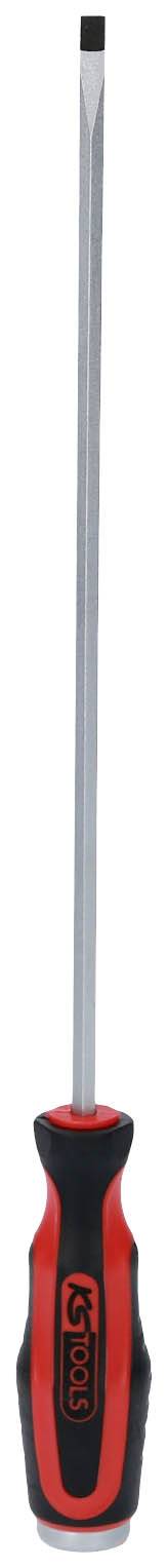 Schraubendreher mit rotem und schwarzem Griff, langer Metallstange und flachem Ende zur Verwendung bei Schlitzschrauben.