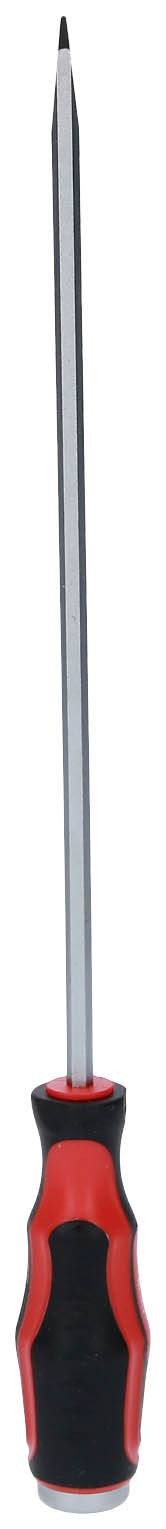 Ein langer Schraubendreher mit schwarzem und rotem Griff, ideal zum Ein- oder Ausdrehen von Schrauben an schwer erreichbaren Stellen.