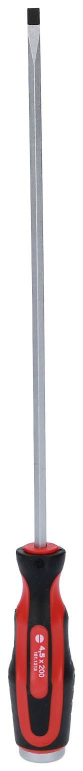 Ein Flachkopfschraubendreher mit rotem und schwarzem Griff.