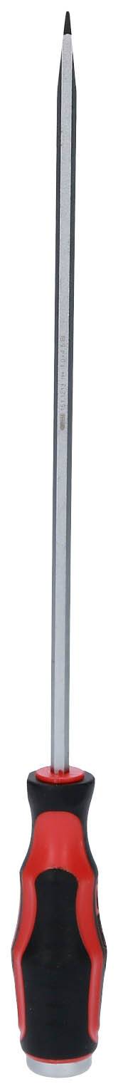 Schraubendreher mit schwarzem und rotem Griff, langer, dünner Schaft mit Kreuzschlitzspitze. Geeignet für Kreuzschlitzschrauben.