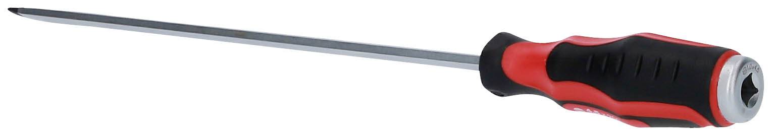 Ein Kreuzschlitz-Schraubendreher mit schwarzem und rotem Griff, geeignet für handwerkliche Arbeiten.