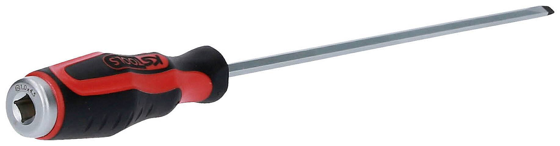 Schraubendreher mit rotem und schwarzem Griff sowie langem, silbernem Stab. Geeignet zur Anwendung bei Schlitzschrauben.