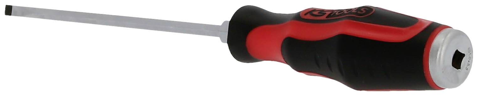 Schraubendreher mit einem flachen Schlitzkopf und einem ergonomischen Griff in Rot und Schwarz, liegend von der Seite betrachtet.