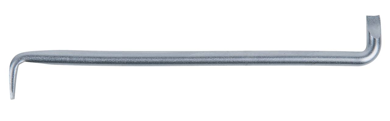 Ein silbernes Brecheisen aus Metall mit zwei flachen Enden, eines leicht gebogen zum Hebeln. Verwendet zum Öffnen oder Heben von Objekten.