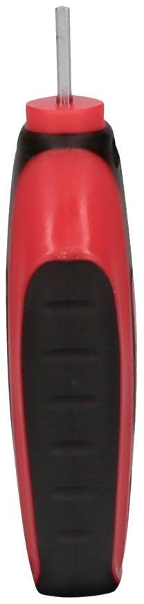 Rotes und schwarzes elektrisches Prüfgerät mit Stiftspitze, von der Seite gesehen.